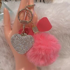 Pink Pom and Rhinestone Heart Keychain/Purse Charm/NWOT